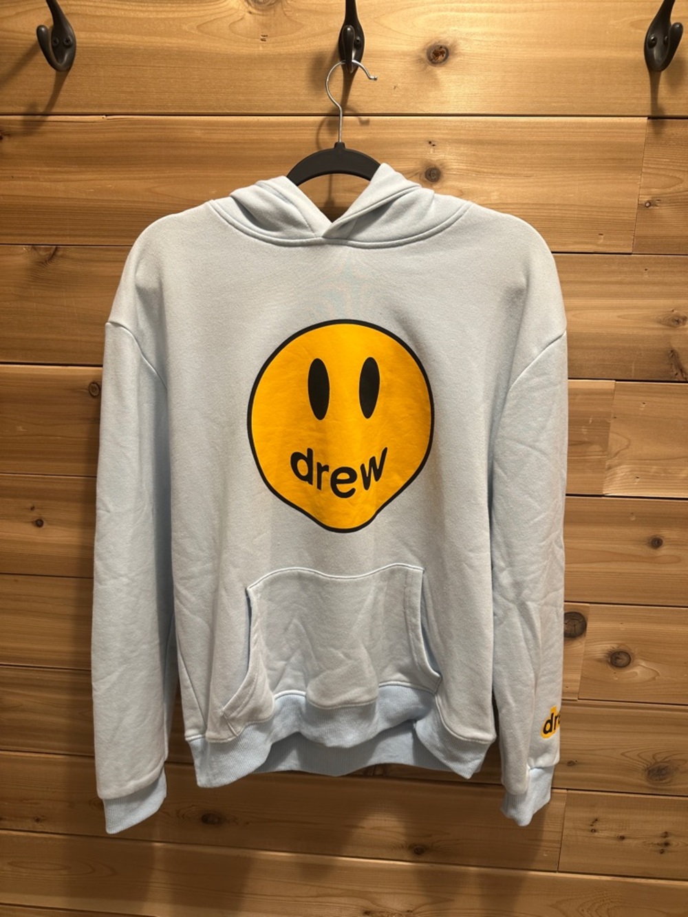 drew house Light Blue Hoodie with Yellow Smiley Logo - Men's Crewneck Pullover